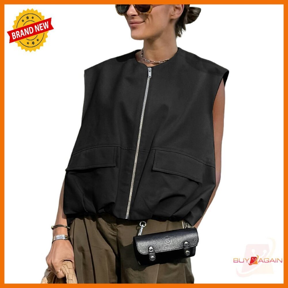 Oversized Zip-Up Cargo Vest with Ruched Hem & Pockets